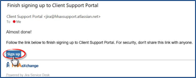 Image of the Email received by the registrant, prompting user to click on the Sign Up button.